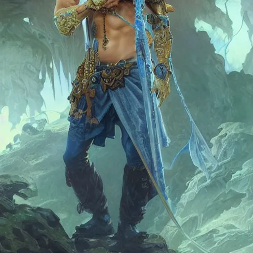 Prompt: spectral male pirate, burning blue eyes, head and torso, standing in a grotto, intricate, elegant, highly detailed, digital painting, artstation, concept art, smooth, sharp focus uhd 8 k, art by artgerm and greg rutkowski and alphonse mucha ”