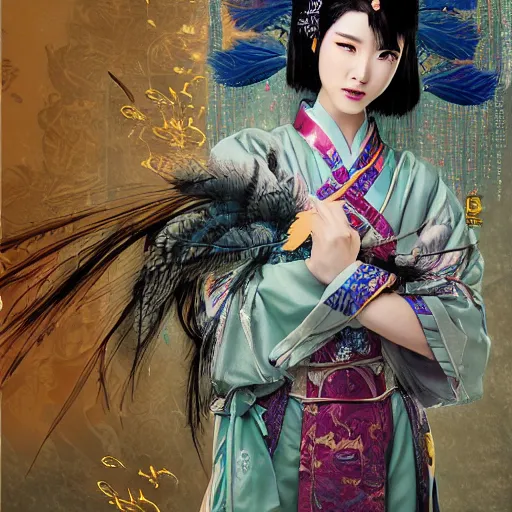 Prompt: An epic fantasy comic book style portrait painting of a female wuxia sword dance Chinese costume , long hair, smoke, feathers flying, flowers rain everywhere, full body XIANXIA, Chinese temple, depth of field, 4k