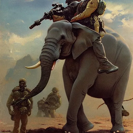 Image similar to an elephant in tactical gear in a frazetta painting