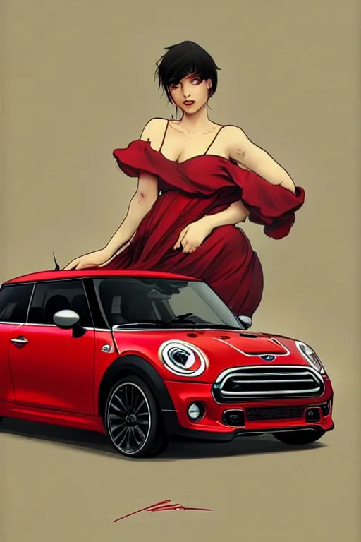 Image similar to Red Mini Cooper car , highly detailed, digital painting, artstation, concept art, smooth, sharp focus, illustration, art by artgerm and alphonse mucha, high definition digital art, in the style of Ross tran and ilya kuvshinov