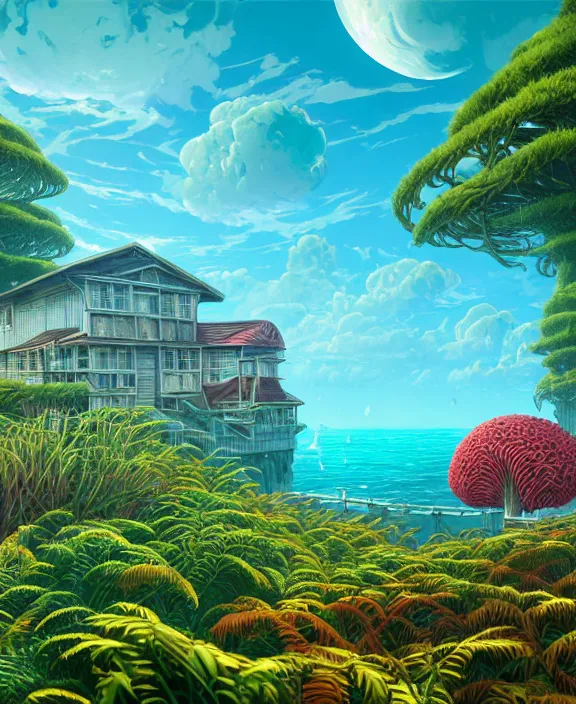 Image similar to an enormous schoolhouse made from exotic fungus, overgrown with weird huge colorful ferns, on the ocean, noon, sun drenched, partly cloudy, by dan mumford, yusuke murata, makoto shinkai, ross tran, cinematic, unreal engine, cel shaded, featured on artstation, pixiv