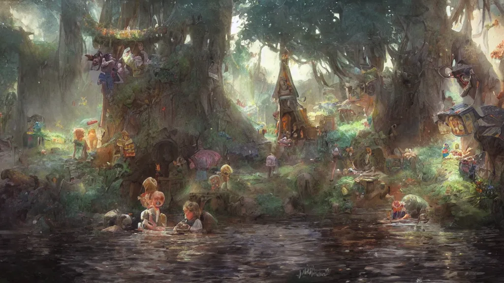 Image similar to a beautiful painting of children lost inside their imaginations, lovely, concept art, detailed, artstation, 4k, james gurney