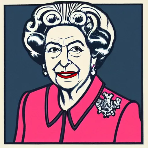 Prompt: pop-art of Queen Elizabeth firing a bazuka