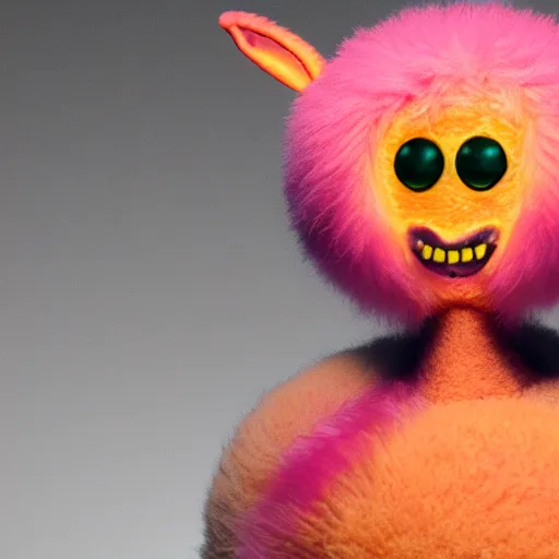 Image similar to an alien with a face that looks like a fuzzy peach the peach is fuzzy pink warm and ripe the alien has horns and a mean smile, 4k, highly detailed, high quality, amazing, high particle effects, glowing, majestic, soft lighting