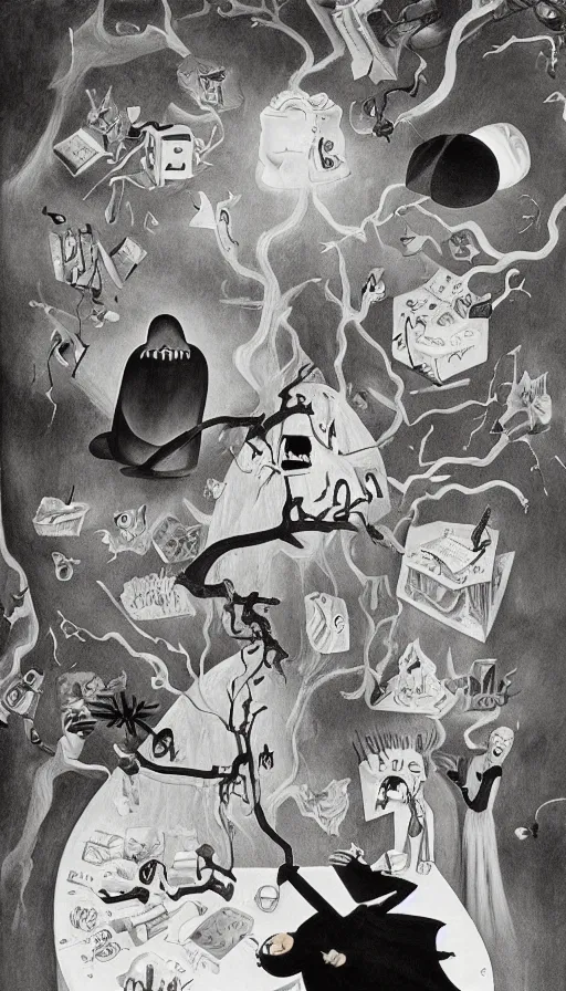 Image similar to life and death mixing together, by charles addams