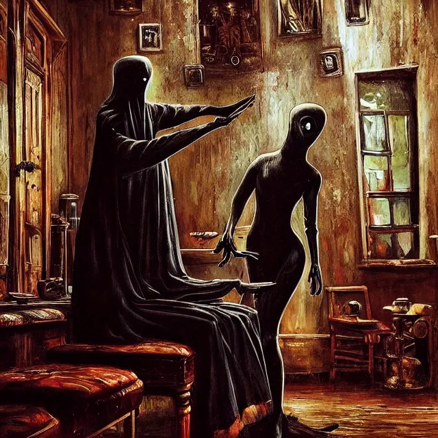 Prompt: a strange creature greeting a female explorer in a dining room, haunted house, masterpiece, grasping pseudopods, rhads!!!, magical realism, urban fantasy, a hooded figure, a fierce woman, ( h. r. giger )