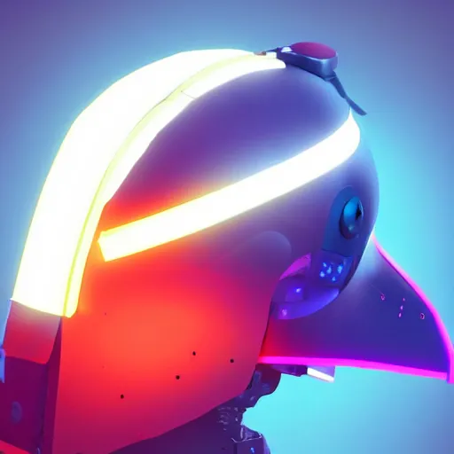 Image similar to cyberpunk helmet in the shape of a bird with stickers, a beak, glowing leds, no reflections, concept art, artstation, high details, stickers