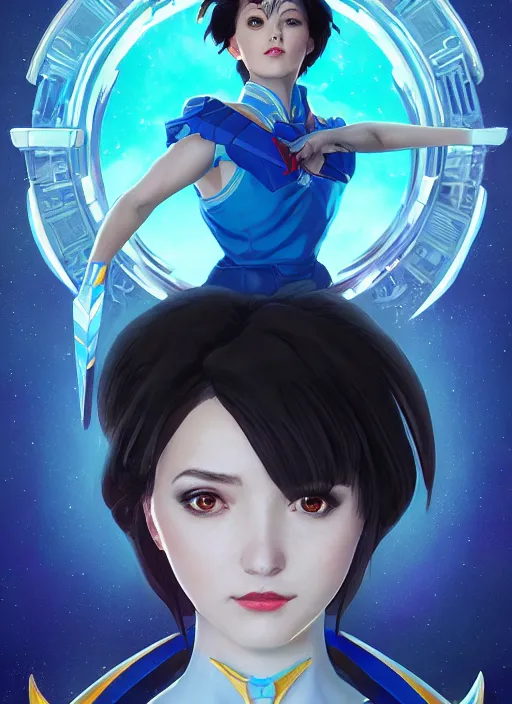 Image similar to symmetry!! portrait of sailor mercury! alien in the style of horizon zero dawn, machine face, intricate, elegant, highly detailed, digital painting, artstation, concept art, smooth, sharp focus, illustration, art by artgerm and greg rutkowski and alphonse mucha, 8 k