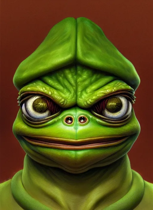 Prompt: pepe the frog!!!, male, sad, depressed, portrait, intricat, highly detailed, digital painting, artstation, concept art, wallpaper, smooth, sharp focus, illustration, art by h. r. giger and artgerm and greg rutkowski and alphonse mucha