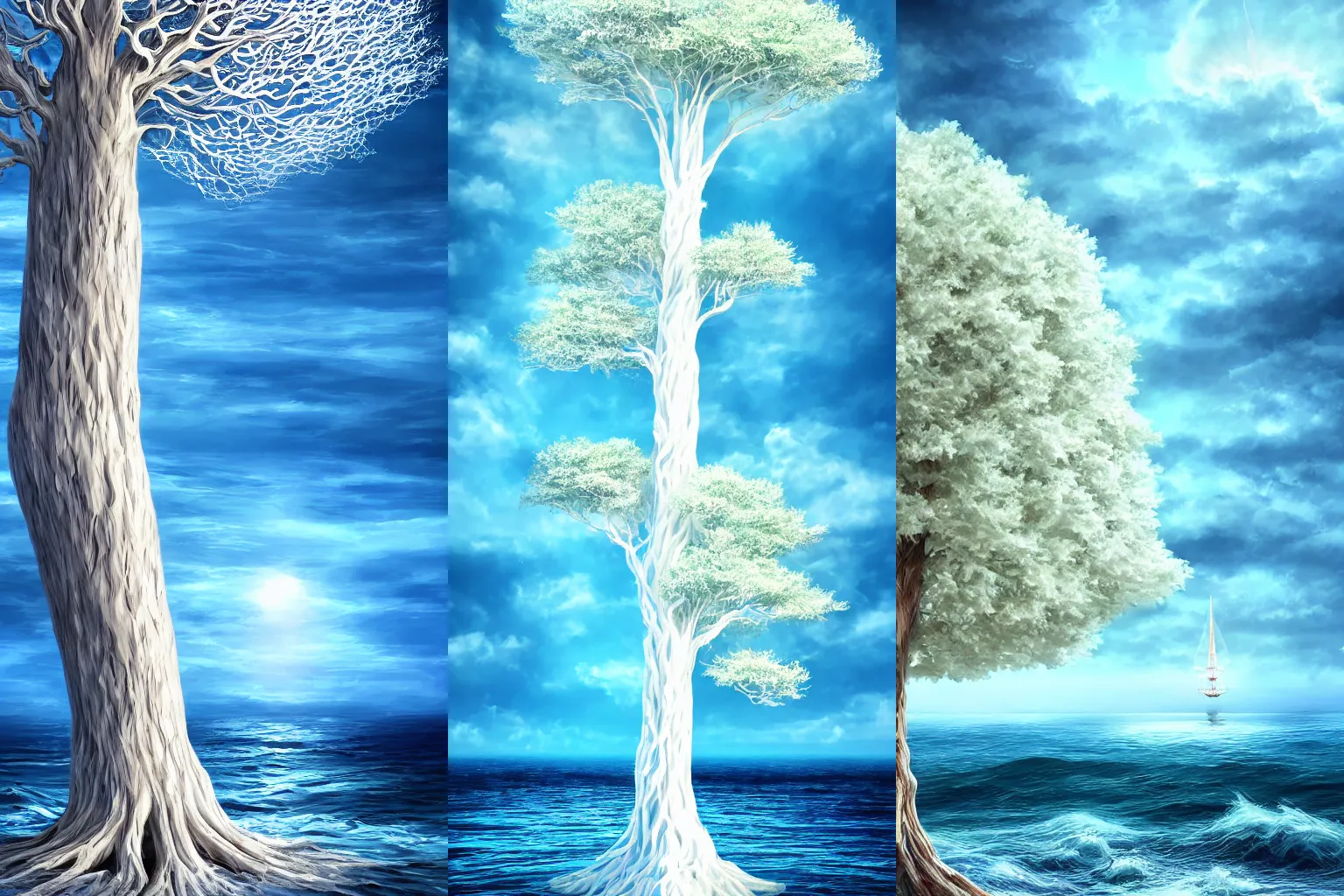 Prompt: Giant white tree, sea, fantasy, digital art, HD, detailed.