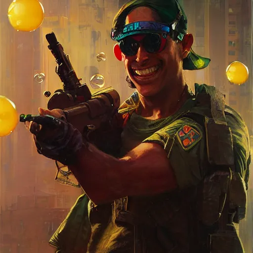 Image similar to portrait of soldier armed with a bubble gun. shadowrun cyberpunk fantasy detailed painting by craig mullins. cute bubbles and big smile