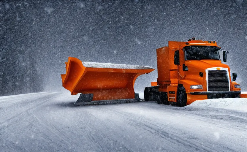 Image similar to A Snowplow with headlines on driving through a snowy landscape with thick snow, blizzard!!, heavy snow falling, digital artwork, high resolution, high detail