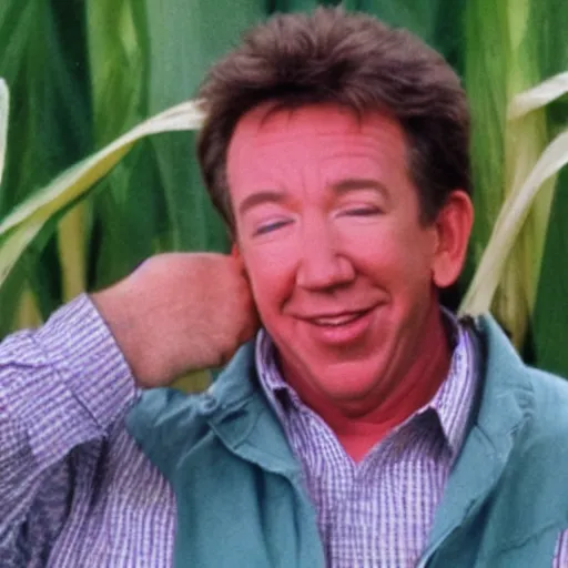 Prompt: tim allen crying at the sky for more corn