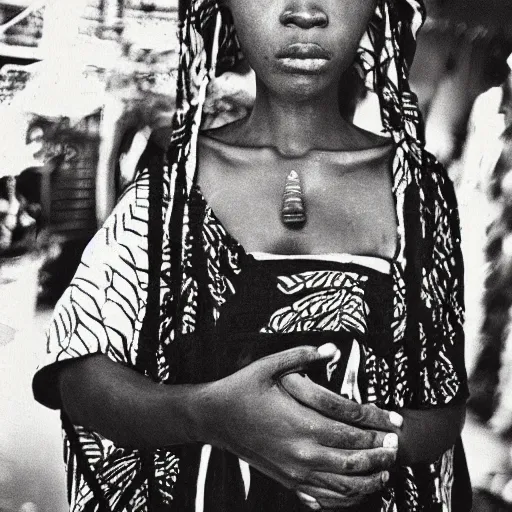 Image similar to “ african shrine maiden. photograph, 1 9 8 0 s. in the background is a city out of focus ”