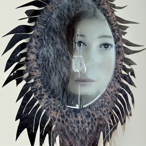 Image similar to a portrait photo of a merged bird wolf morphing human watching mirror in a mirror in animal skin leather, grown together mirror reflection with spotted fur gills reflecting orca rhino scales, merged mirror reflection wires electronic ivy roots, morphing water drippings ice