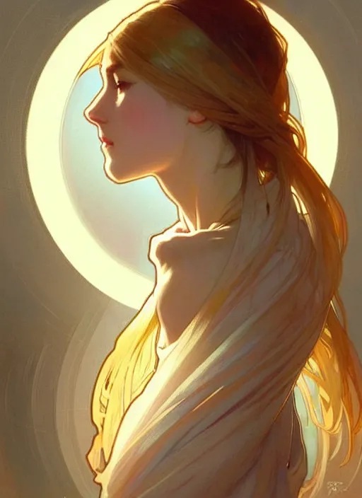 Image similar to digital character concept art by artgerm and greg rutkowski and alphonse mucha. clear portrait of a shy modern wife blessed by god to grow immaculately perfect!! blonde, in clothes! gifted holy body! light effect. hyper detailed, glowing lights!! intricate, elegant, fertility, digital painting, artstation, smooth, sharp focus