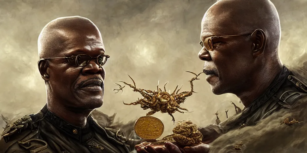 Prompt: a beautiful detailed 3 d matte of samuel jackson in starship troopers, by ellen jewett, by tomasz alen kopera, ominous, magical realism, texture, intricate, gold coins, money, whirling smoke, alchemist bottles, radiant colors, fantasy, volumetric lighting, high details