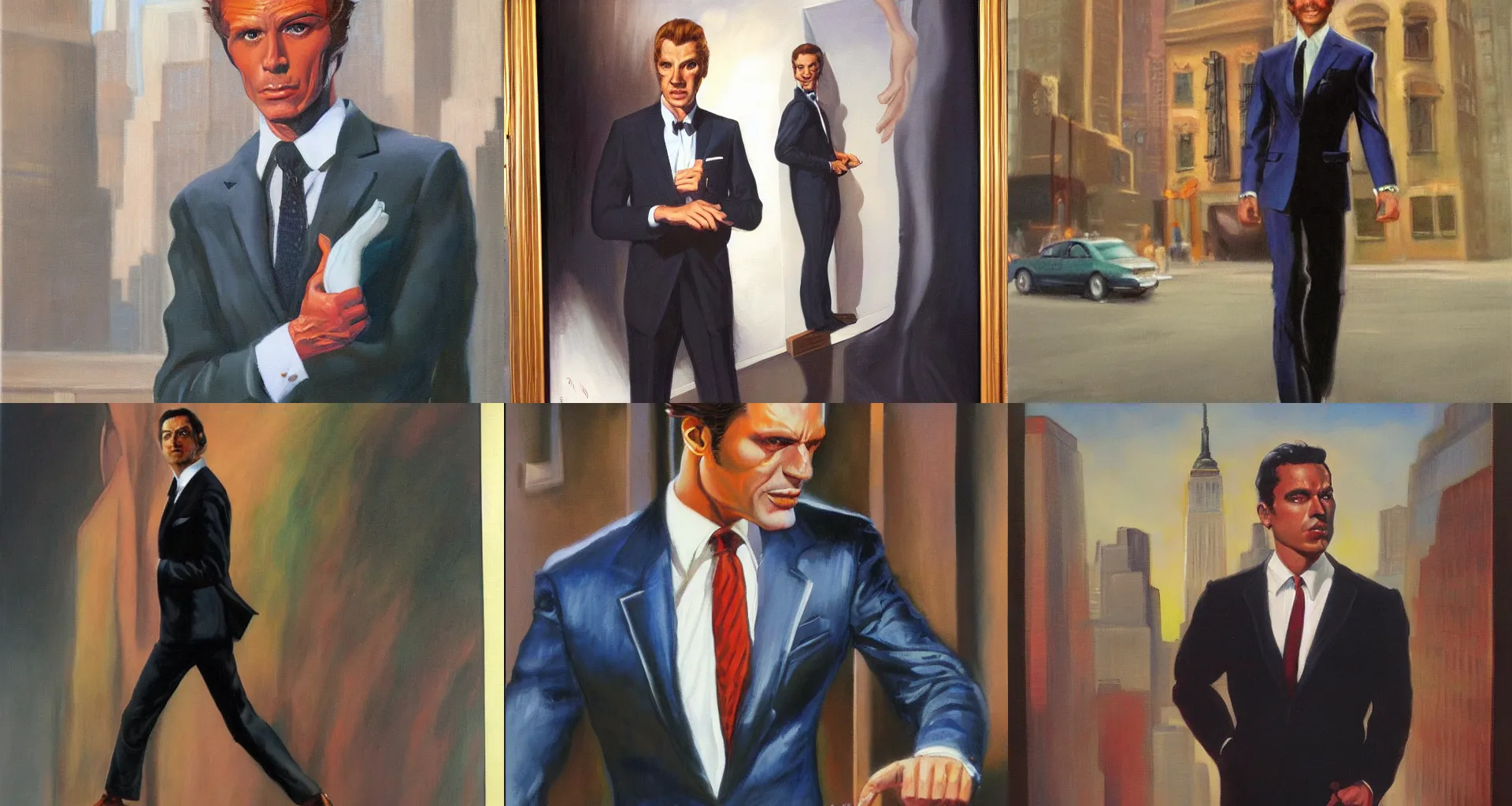 Prompt: Man in a suit in New York, painting by Boris Vallejo