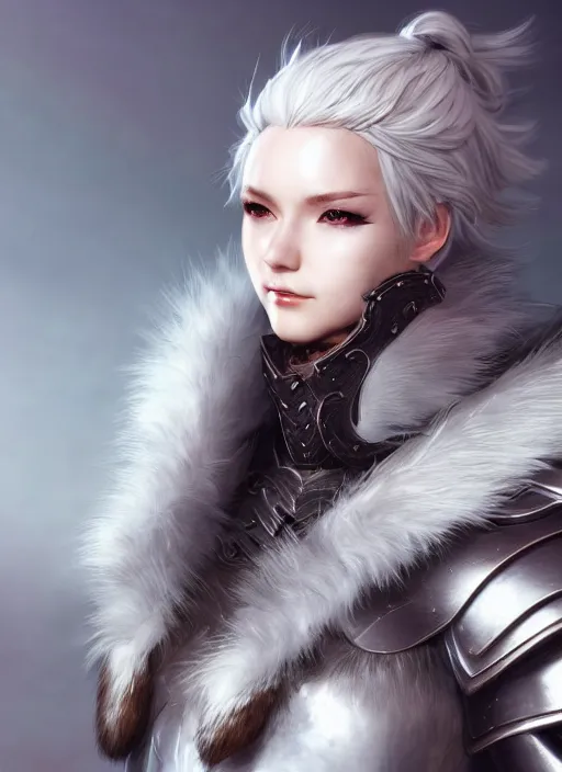 Image similar to warrior, fur - lined leather armor!!! beautiful and elegant white hair female!! gorgeous ayes!! character concept art, sharp focus, octane render! unreal engine 5! highly rendered!! trending on artstation!! detailed linework!! illustration by artgerm, wlop, and chie yoshii