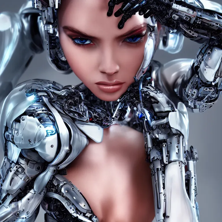 Prompt: futuristic cyborg robot fashion model with stunning perfect eyes and face, unreal engine, hyper detailed colourful, advertising photography, 4K high res trending on Flickr