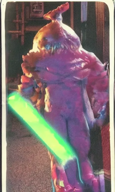 Image similar to colorful crystal gary busey creature, 9 0 s toy commercial, photo from the 7 0 s, horror lighting, neon lighting, polaroid photo,