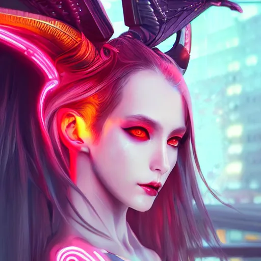 Image similar to portrait futuristic Devil Girl with horns and wings, in future cyberpunk tokyo rooftop , ssci-fi, fantasy, intricate, very very beautiful, elegant, human anatomy, neon light, highly detailed, digital painting, artstation, concept art, smooth, sharp focus, illustration, art by tian zi and WLOP and alphonse mucha