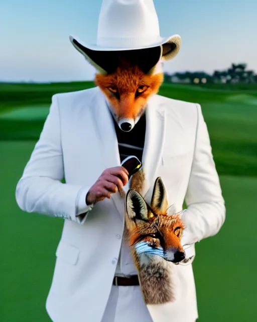 Prompt: close up photo of a fox animal wearing a white suit, white ten - gallon hat, and reflective aviator sunglasses, holding a cuban cigar, highly detailed photograph, smooth, global illumination, golf course in background, 8 5 mm f / 1. 4