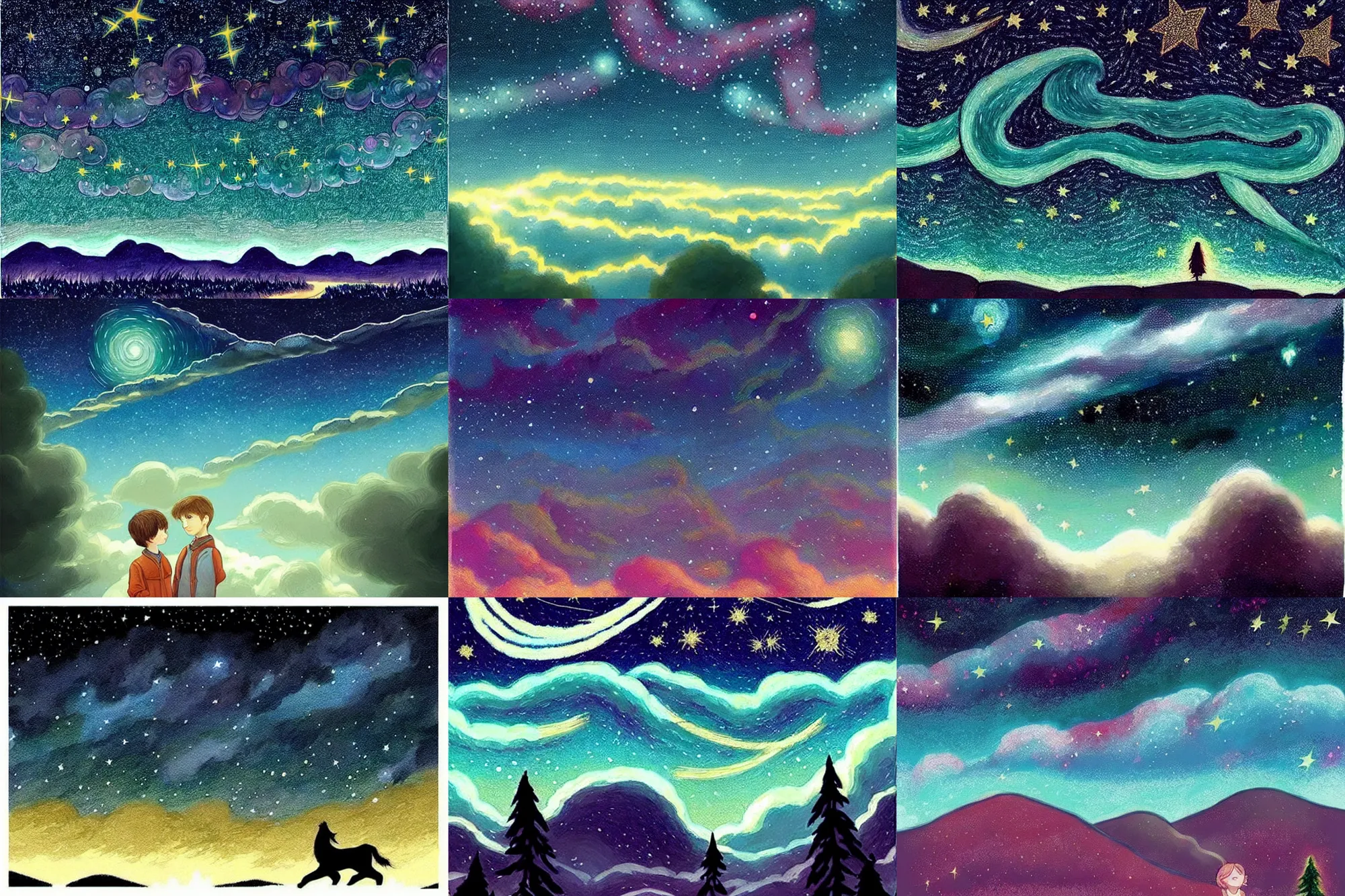 Prompt: ( ( ( ( ( beautiful starry sky ) ) ) ) ) like tara books!!!!!!!!!!!!!!!!!!!!!!!!!!!, overdetailed art, picture book