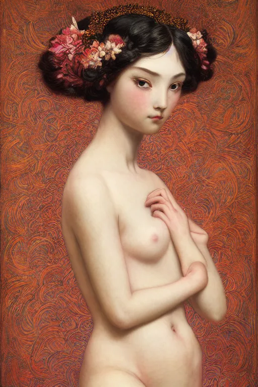 Image similar to beautiful girl posing in studio setting by frantisek kupka, intricate, miles johnston, kuroda seiki, cynical realism, ozabu, john william godward, painterly, yoshitaka amano, moebius, miles johnston, louise zhang, james jean, mark ryden