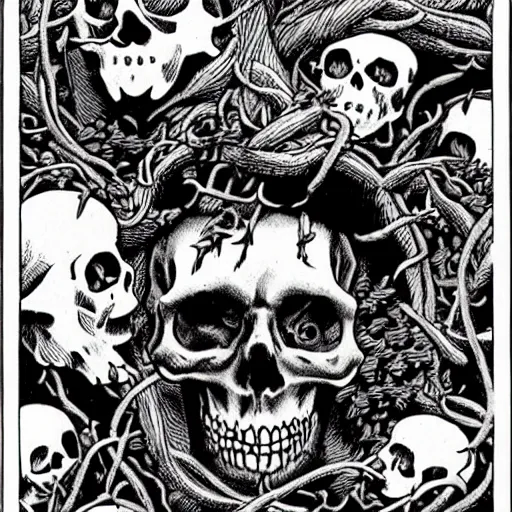 Image similar to A skull, with vines coming out of the eye sockets. Dark Fantasy, Film Noir, Black and White. High Contrast, Mike Mignola, D&D, OSR