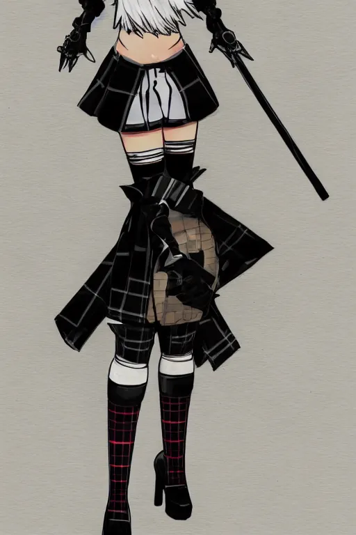 Image similar to Concept art of 2B from Nier Automata wearing a tartan miniskirt and holding a cup of tea