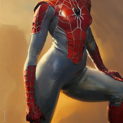 Image similar to greg manchess portrait painting of partially armored female iron spiderman as overwatch character, medium shot, asymmetrical, profile picture, organic painting, sunny day, matte painting, bold shapes, hard edges, street art, trending on artstation, by huang guangjian, gil elvgren, ruan jia, greg rutkowski, gaston bussiere