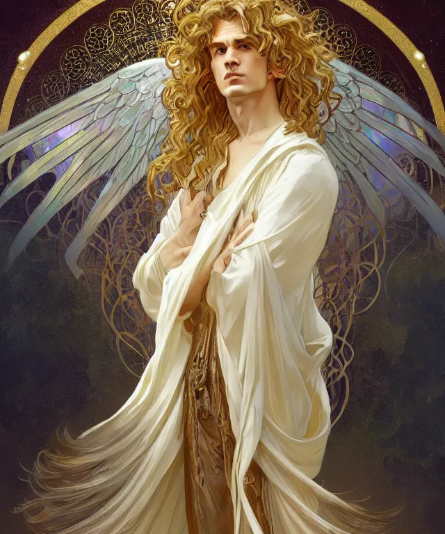 Image similar to fullbody portrait of a beautiful young fit male angel with curly blond hairs, full dressed in long fluent clothes, majestic symmetrical big dove wings, luminous halo, by greg rutkowski and alphonse mucha, gradient white to gold, in front of an iridescent background, highly detailed portrait, digital painting, artstation, concept art, smooth, sharp focus illustration