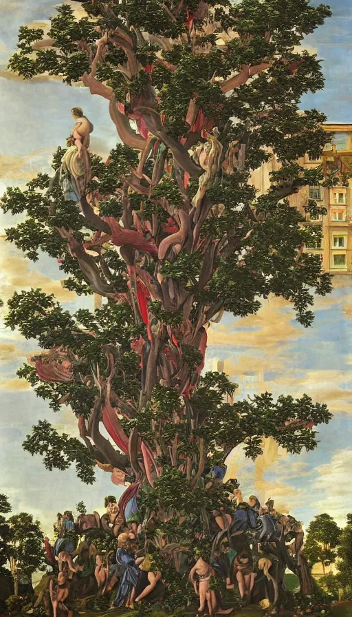 Prompt: a huge standalone maximalist hyperrealistic photorealistic tree in a city. hyperdetailed humanoids emerging from it. seen from the distance. art nouveau rococo in the style of caravaggio and botticelli. hd 8 x matte background in vibrant vivid pastel colour textures