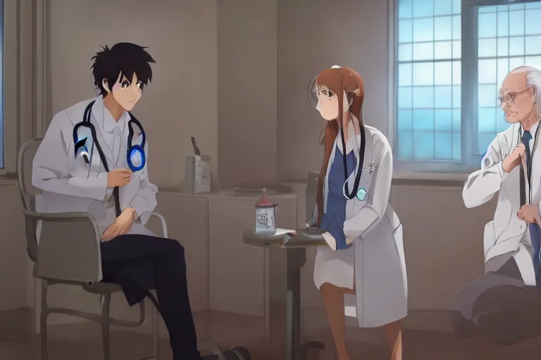 Image similar to a cute young female doctor wearing white coat are talking with an old surgeon in a hospital, slice of life anime, lighting, anime scenery by Makoto shinkai