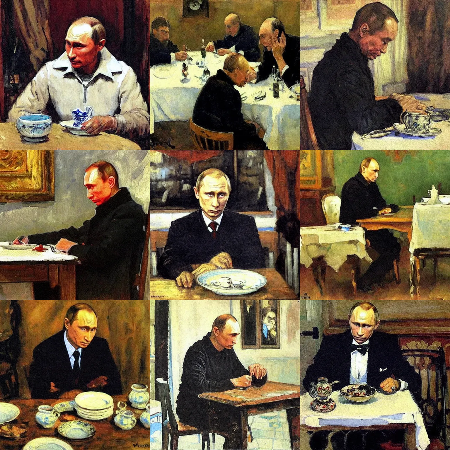 Prompt: sad old vladimir putin sitting at the table with broken plates on it. painting by valentin serov tretiakov gallery
