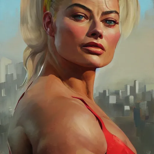 Image similar to greg manchess portrait of margot robbie as thick female bodybuilder zarya from overwatch in disco elysium, 1 3, epic grimdark, fantasy, medium shot, asymmetrical, profile picture, organic painting, sunny day, matte painting, bold shapes, hard edges, street art, trending on artstation, by huang guangjian and gil elvgren and sachin teng