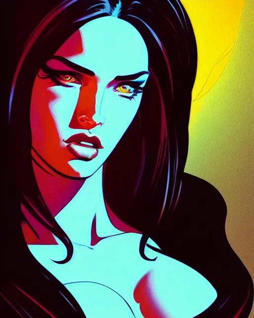 Image similar to low angle closeup very seductive megan fox retro scifi goddess pinup, vr goggles, action glamour pose, windblown dark hair, hyper detailed, digital art, studio lighting, smooth, ambient lighting, sharp focus, frank miller, wlop, anna dittmann, moebius!, alphonse mucha, patrick nagle!!!, rim lighting, synthwave