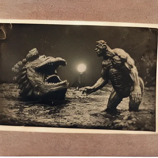 Prompt: tintype photo, underwater, Bigfoot fighting Godzilla