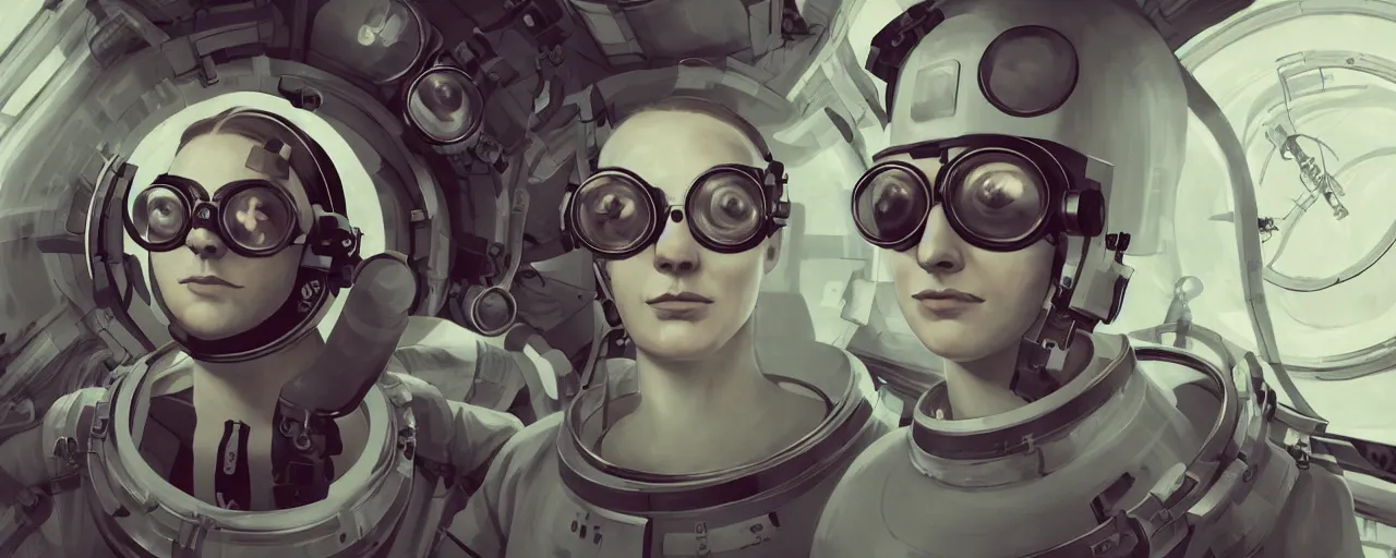 Image similar to illustration 3 / 4 portrait of stoic heroic emotionless butch blonde woman engineer with short slicked - back hair, wearing victorian goggles, working in zero gravity on space station, awkward and uncomfortable and anxious, dirty, dynamic composition by sergey kolesov. industrial space program, scifi, hyper detailed. octane render. concept art. trending on artstation