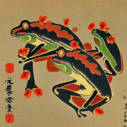 Prompt: ancient Japanese color art of a trio of frogs in different colors