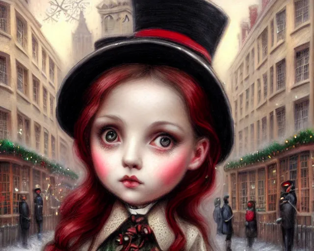 Image similar to closeup profile portrait of victorian london streets, nicoletta ceccoli, mark ryden, lostfish, max fleischer, hyper realistic, artstation, illustration, digital paint, matte paint, vivid colors, bright, cheerful, detailed and intricate christmas environment