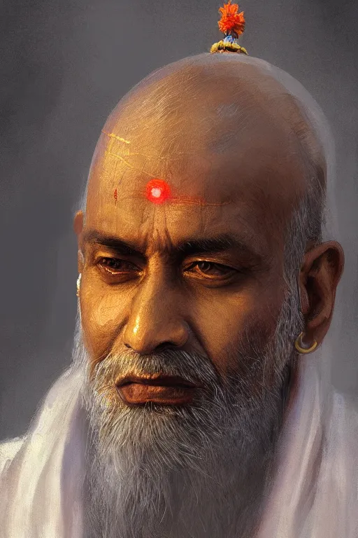 Image similar to hindu priest, close - up portrait, devoted, intricate, elegant, volumetric lighting, scenery, digital painting, highly detailed, artstation, sharp focus, illustration, concept art, ruan jia, steve mccurry