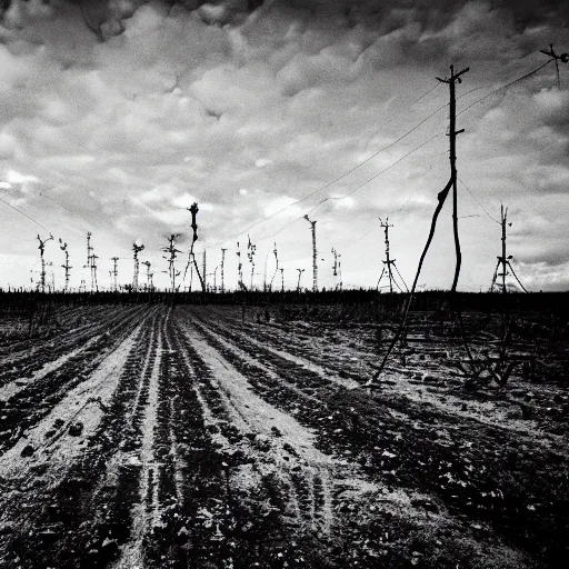 Image similar to radioactive spike field, creepy monotone black and white lighting, post nuclear fallout, desolate, no life, high resolution, old photo,