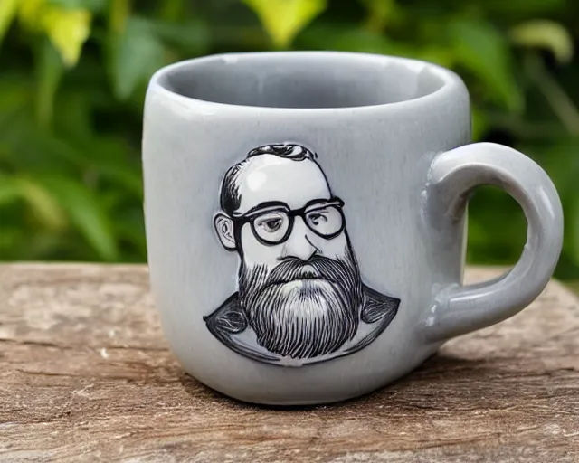 Prompt: mr robert is drinking fresh tea in a garden from spiral mug, detailed face, wearing glasses, grey beard