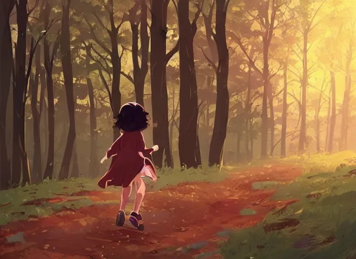 Prompt: little girl with short wavy curly light brown hair chasing will o the wisp in the woods. clean cel shaded vector art. shutterstock. behance hd by lois van baarle, artgerm, helen huang, by makoto shinkai and ilya kuvshinov, rossdraws, illustration, art by ilya kuvshinov