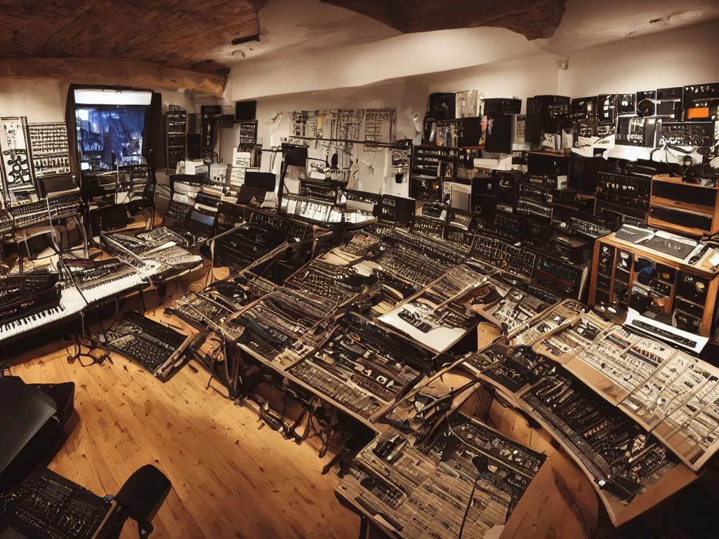 Prompt: an infinite and majestic music studio containing every musical instrument in existence