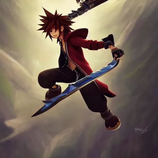 Prompt: sora from kingdom hearts leaping into battle holding keyblade. league of legends character art. digital illustration. hyper realistic. high quality. high resolution. 4 k.. highly detailed. trending on artstation. ruan jia, wlop. scifi, fantasy, magic the gathering, hyper detailed, octane render, concept art, peter mohrbacher, artgerm.