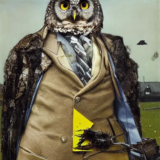 Image similar to shredded physique feathered round fat beak Portrait of Henry James camouflaged as Owl whilst wearing a yellow tuxedo Standing atop a Garbage Truck Greg Rutkowski Vik Muniz clarence holbrook carter Andrew Wyeth Dan Witz