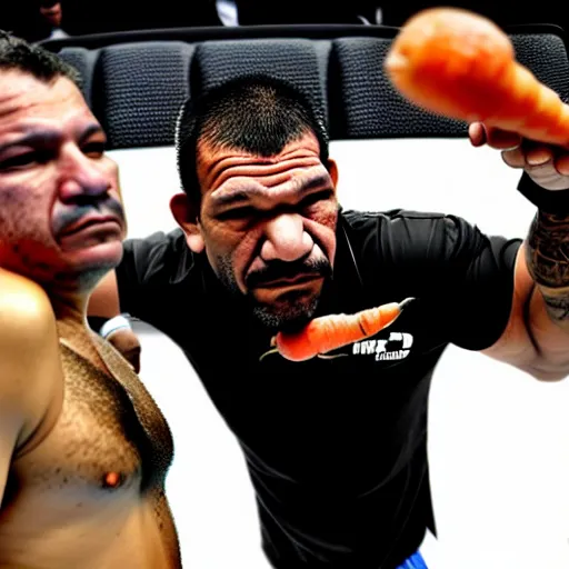 Prompt: antonio rodrigo nogueira holds a single carrot, and antonio rogerio nogueira has his hand on the bus behind them ; photo